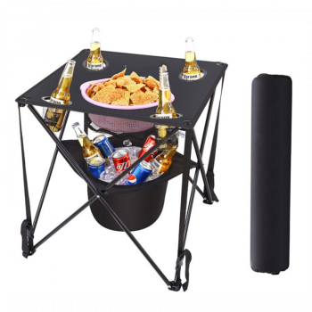 ET-S-001 Picnic Tailgate Barbecue Collapsible Folding Camping Table with Cup Holder ,Insulated Cooler, Food Basket and Travel Bag